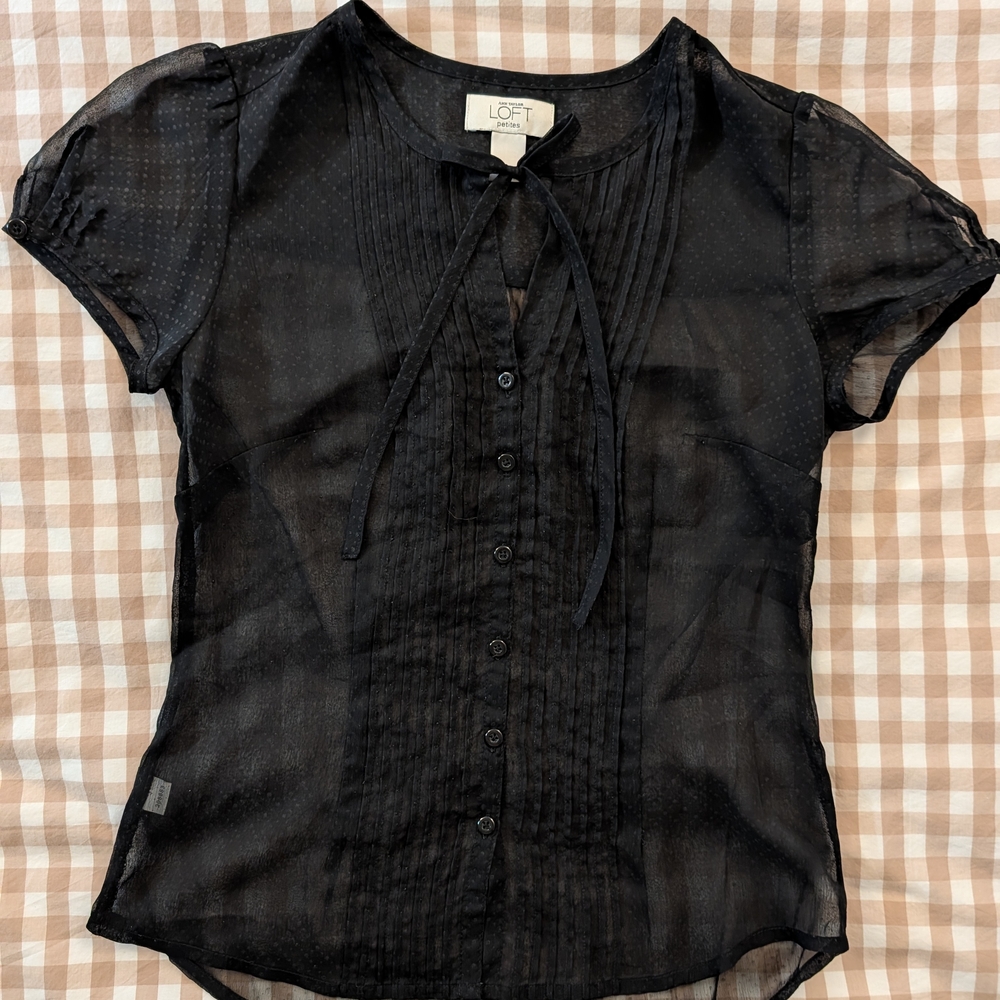 LOFT Black Sheer Blouse with Tie Neck